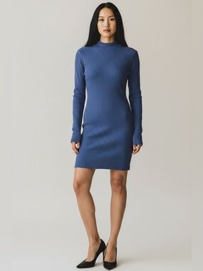 Nasty Gal Blue Ribbed High Neck Bodycon Mini Dress